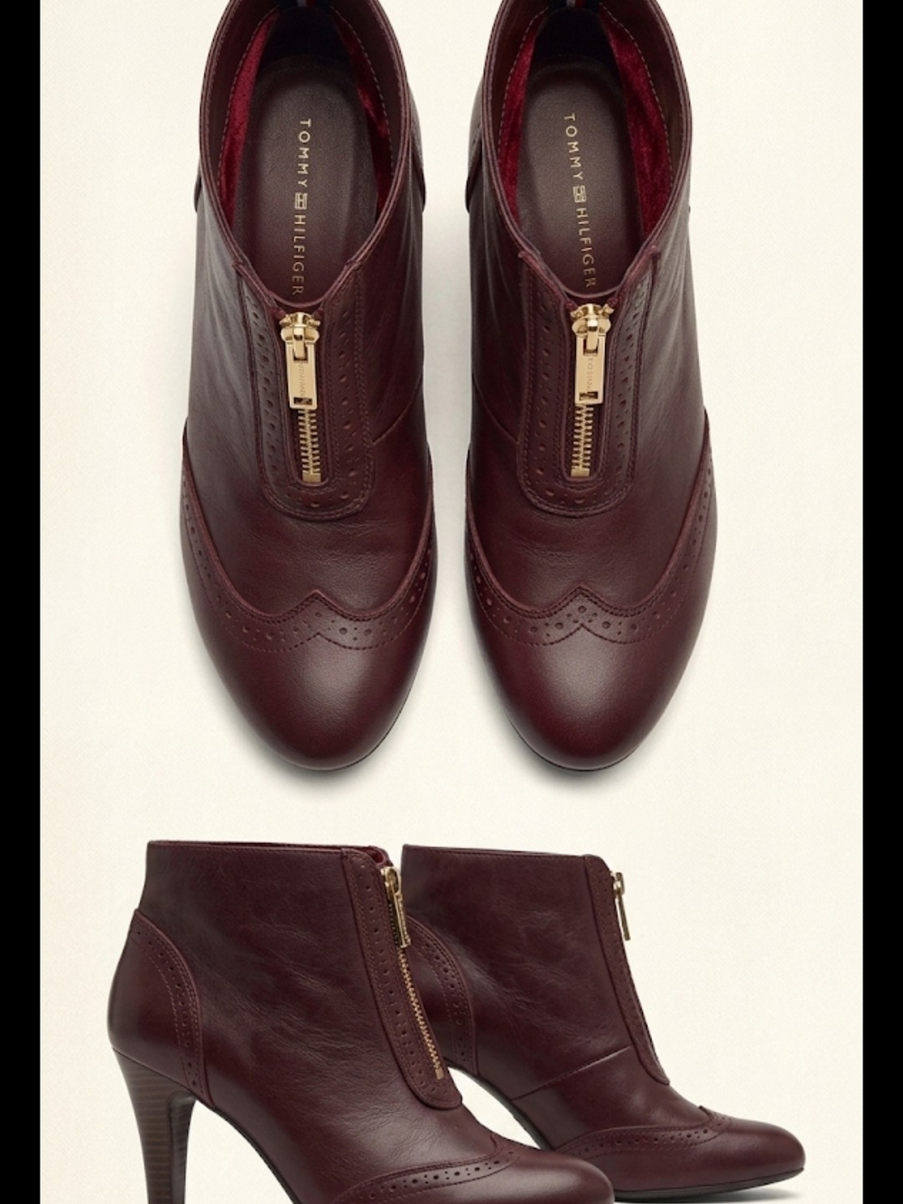Tommy Hilfiger Burgundy Leather Ankle Boots with Gold Zip - Size 8M